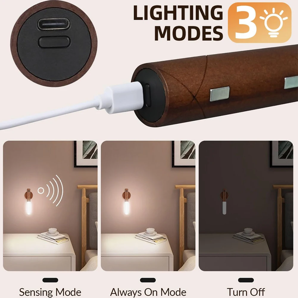 모션 센서 야간 조명, 조도 조절 가능 USB 충전식, 휴대용 계단 조명, 침실 계단 복도 주방용 벽 램프, 3 색
