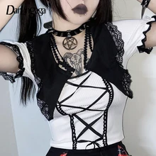 

Darlingaga Harajuku Lace Patchwork Dark Academia Crop Tops Tie Up Summer T-shirts Female Gothic Clothes Korean Cute E-Girl Tees