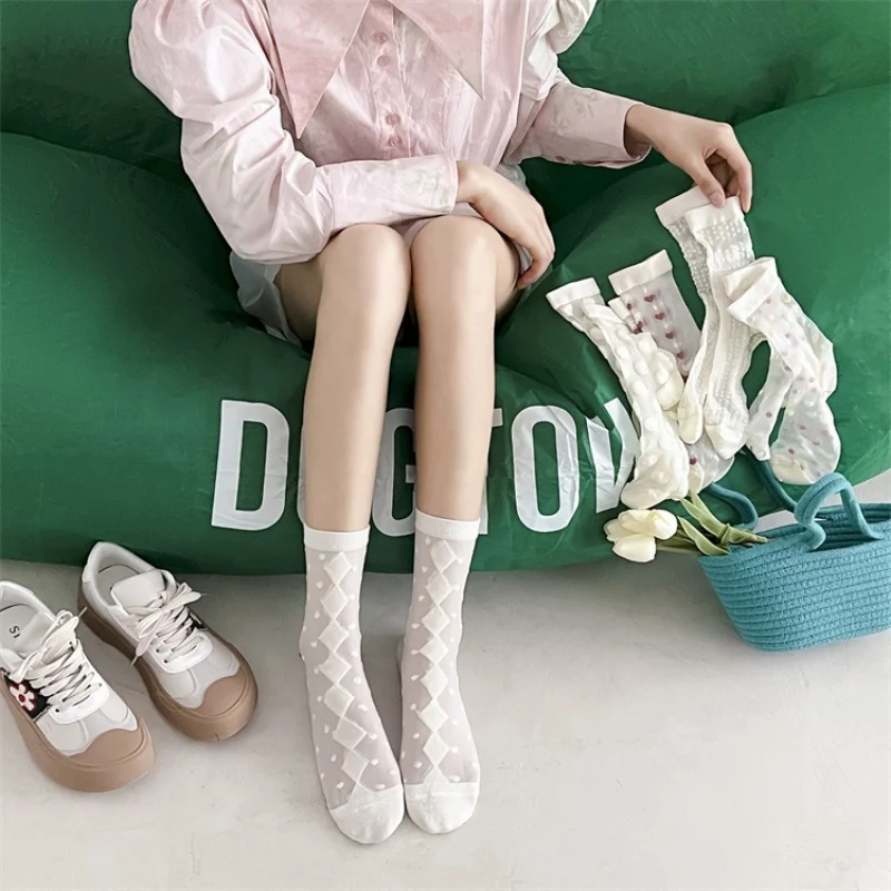 

New Polka Dots Women Silk Socks Crystal Ultra-thin Transparent Nylon Long Socks JK Japanese Kawaii Cute White Socks Sox Summer