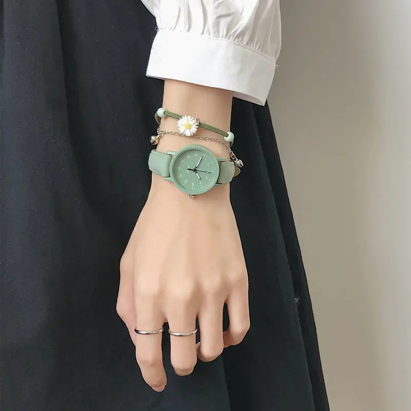 Korean Retro Harajuku Style Dark Green Girl Frosted Leather Quartz Watch Delivery Box Bracelet Children\'s Birthday Gift Clock