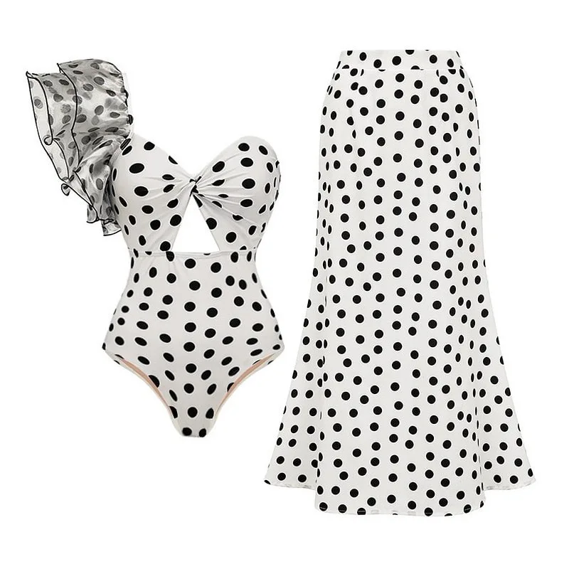 2024New Sweet Cute Bow Bikini Contrasting Color Camisole Jumpsuit Two-pieces Sexy Elegant Polka Dot Beach Midi Skirt Swimsuit