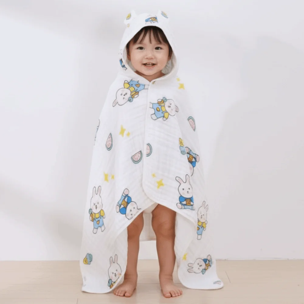 Night-robe Cotton Hooded Cape Towels Cute Bear Cartoon Blanket Wrap Absorbent Gauze Sleepwear Bathrobe Kids