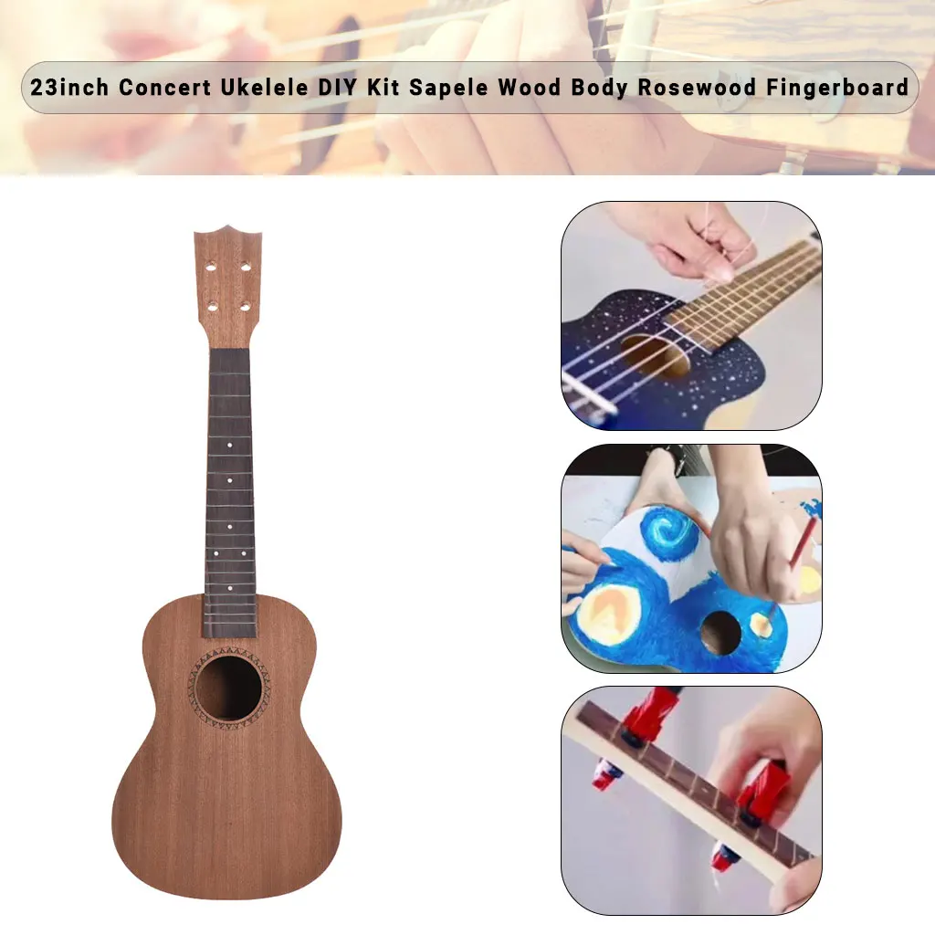 23 26 Inch DIY Ukulele Kit Sapele Wood Body Rosewood Fingerboard W/Tuning Pegs String Bridge Nut Hawaii Guitar Accessories SET ukulele set diy crafts kit