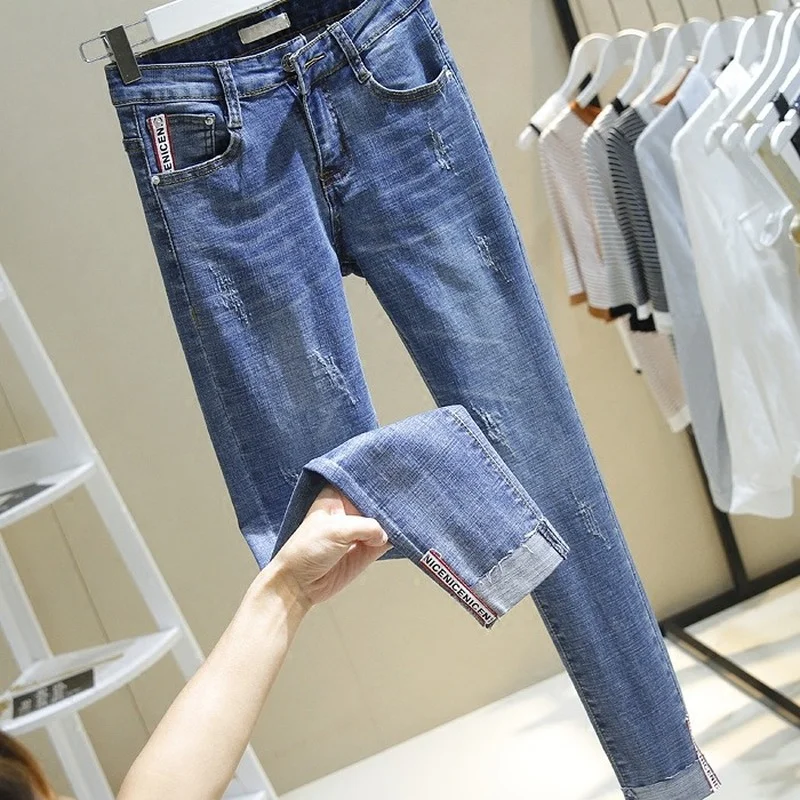 High Waist Jeans Women's Pencil Pants 2022 New Korean Version Elastic Plus Size Women's Clothing Is Thin and Skinny Nine Points