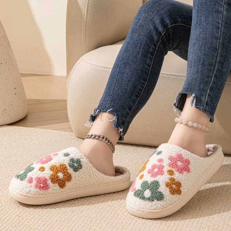 Fashion Flowers Pretty Bow Bear Women Slippers Autumn Winter Men Home Cute Cartoon Plush Sandals Couple Warm Cotton Flat Shoes 4