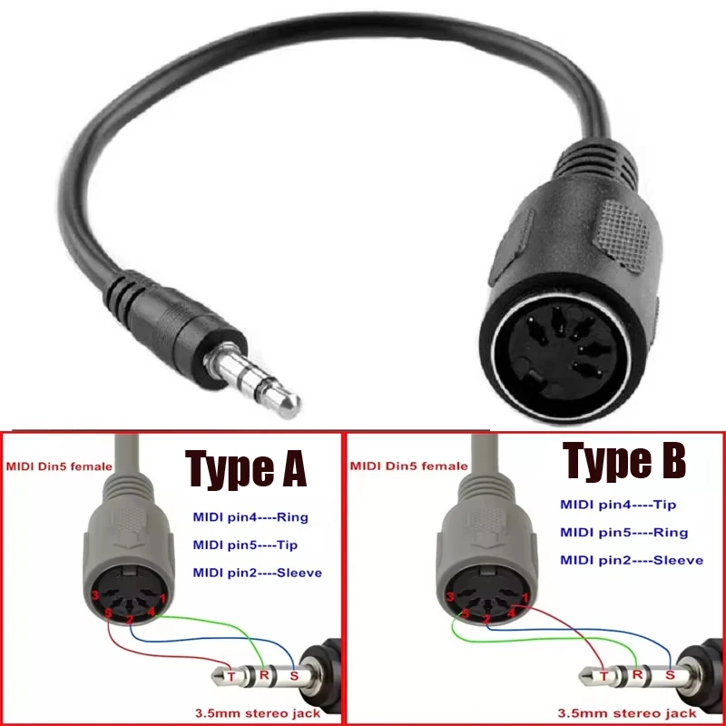 Audio Adapter 3.5mm Plug to MIDI 5 PIN Female Converter DIN 5 Pin Female to TRS 3.5MM Male Sound Connect Cable Extend Cord