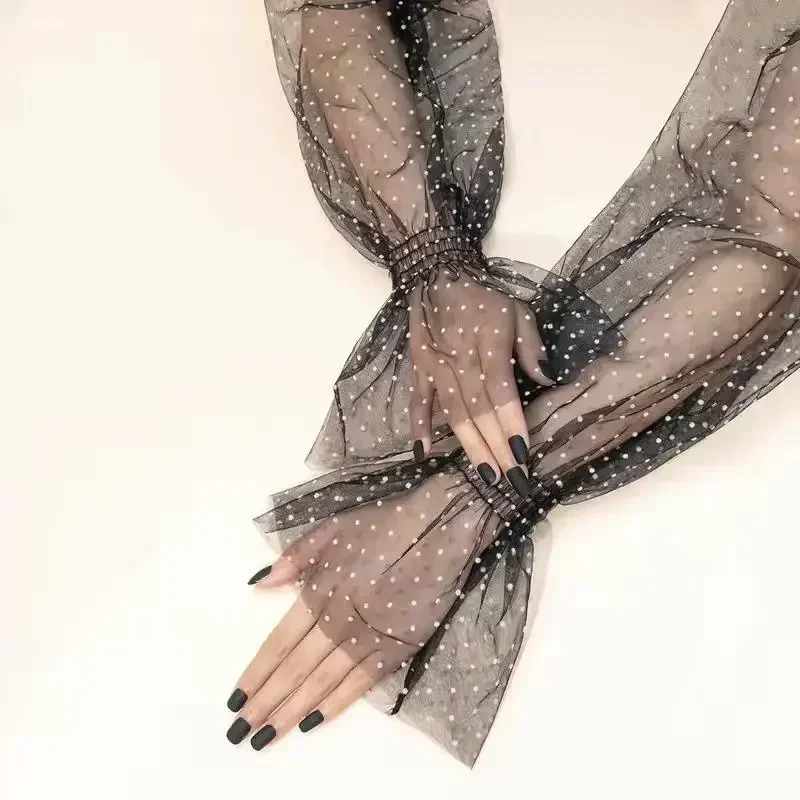 Summer Lace Sunscreen Ice Sleeve for Women Mesh Wave Point UV Thin Breathable Loose Long Sleeves Gloves