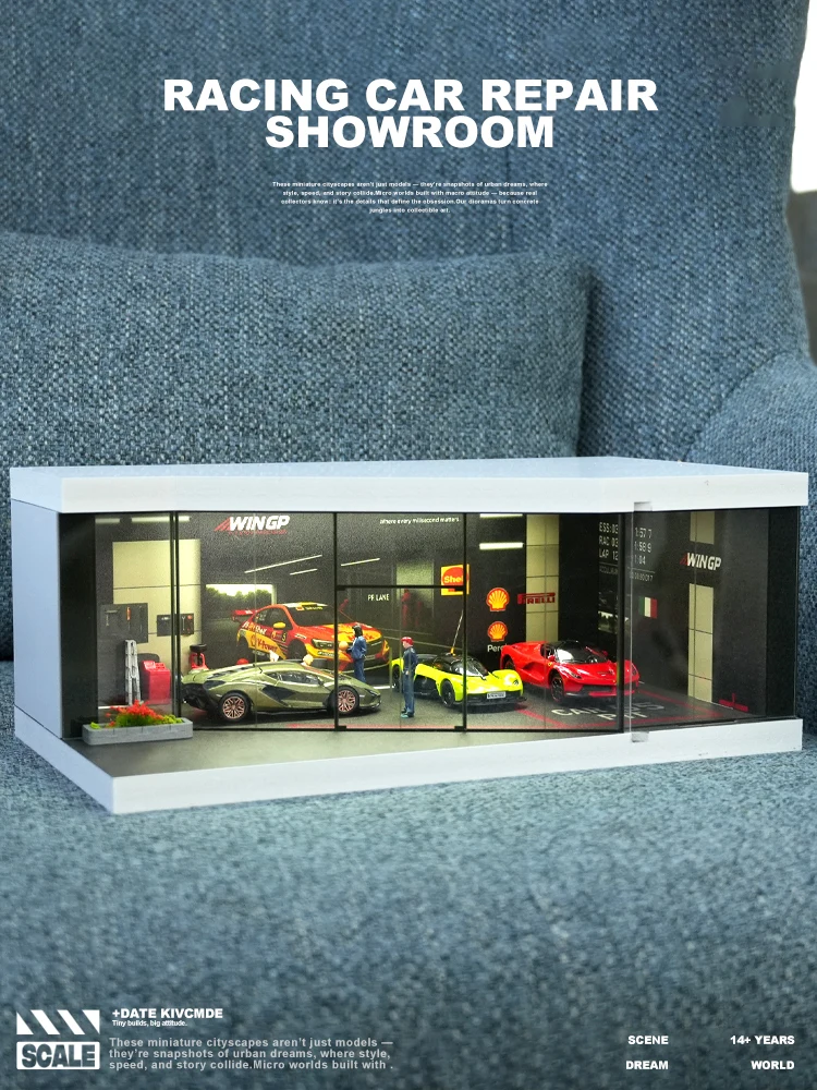 1/64 Auto Shop Miniature Scene Model Simulation Parking Lot with Lights Garage Storage Display Box 