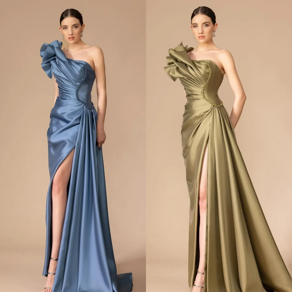 

Prom Dress Evening Satin Draped Pleat Sequined Clubbing A-line One-shoulder Bespoke Occasion Gown Long DressesSaudi Arabia
