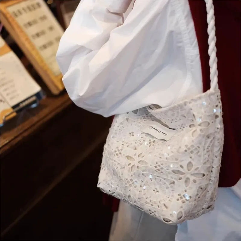 Fashion White Sequined Canvas Bag Women Lace Large Capacity Niche Shoulder Bags Ladies Stylish Versatile Hollow Out Handbag 2025