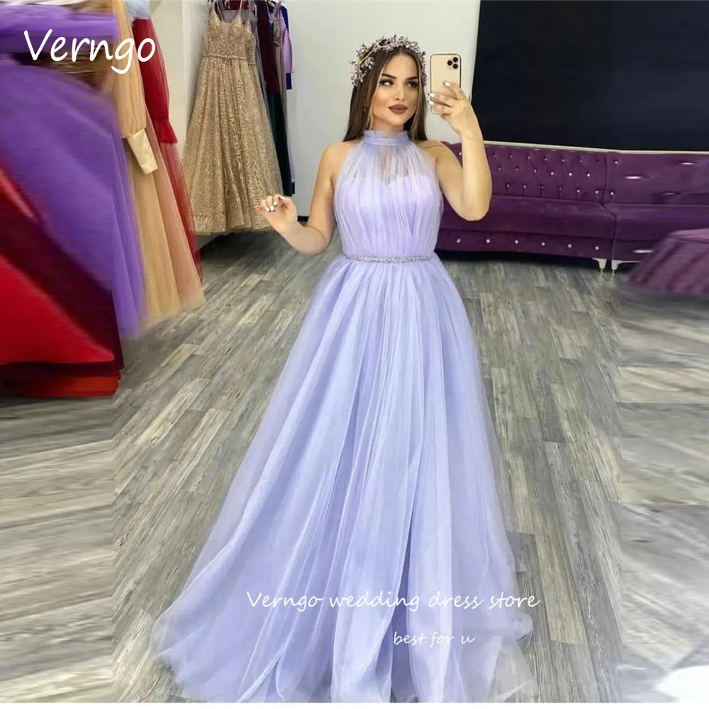 

Verngo Elegant Lavender Tulle Long Prom Evening Dresses Dubai Arabic High Neck Crystal Sash Floor Length Formal Party Dress