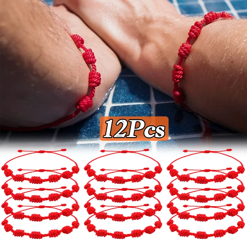7 Knots Red String Bracelets for Protection Good Luck Amulet for Success Handmade Rope Couple's Bracelets Lucky Bangles 12Pcs
