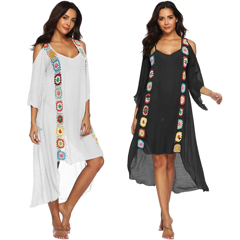 

Long Sleeve Summer Beachwear 2022 Kaftan Tunic Beach Dress Women Pareo Cover-ups Swimsuit Cover Up 2021 Large Size Maxi Dresses