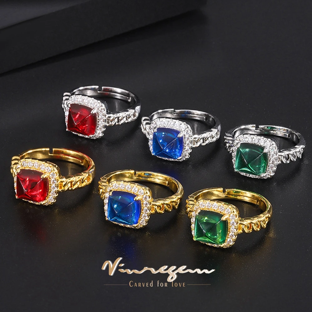 

Vinregem Sugar-loaf Cut 8MM Lab Created Sapphire Emerald Ruby Gemstone Bohemia Ring for Women Wedding Party Jewelry Wholesale