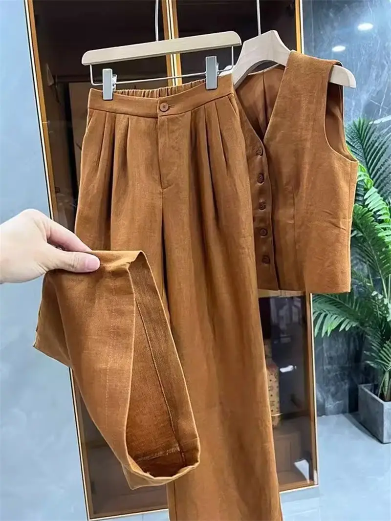 

2024 летний простой однотонный модный костюм, короткий жилет + повседневные свободные широкие брюки, комплект из двух предметов для женщин, наряд K1862