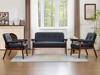 Black Leather Love seat Sofa and Accent Chairs, Mid-Century Modern Office Furniture 1