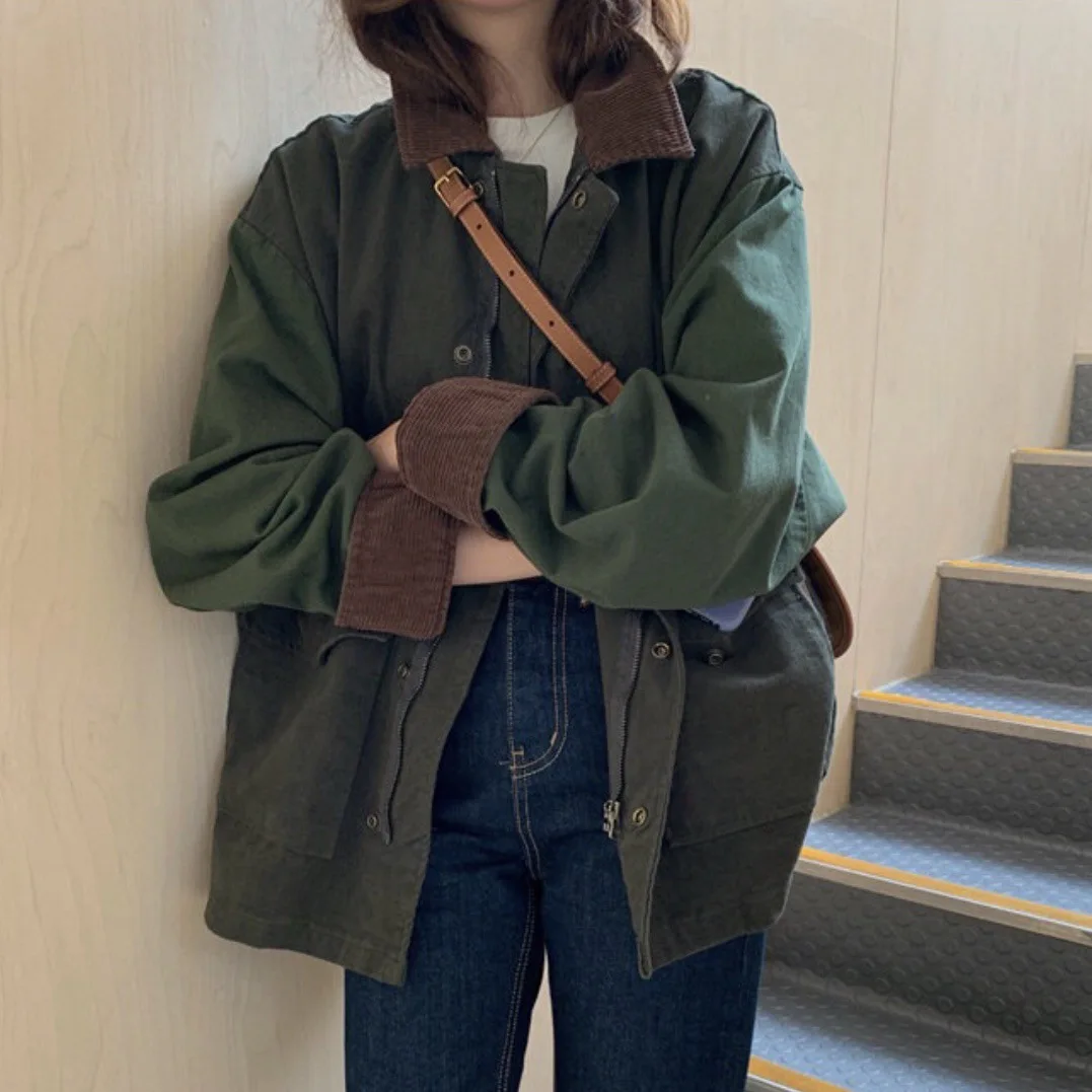 

Vintage Patchwork Turn-down Collar Corduroy Jacket Coat Autumn Loose Hip Hop Jacket Women Streetwear Casual Outerwear Female Top