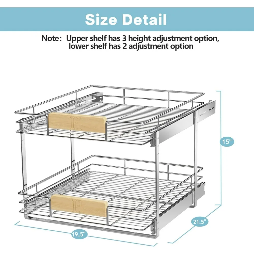 2 Tier Pull Out Cabinet Organizer 19&frac12;" W x 21&frac12;" D, Slide Out Drawers with Wooden Handle, Sliding Shelves Organization