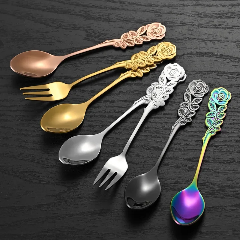 Mini 304 Stainless Steel Rose Handle Teaspoon for Dessert Coffee Ice Cream Stirring Tiny Spoon Tableware