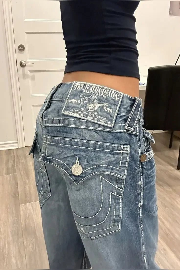 Y2K Harajuku Hip Hop Fashion Gothic Retro Pocket Embroidery Blue Loose Jeans Low Waist Wide Leg Pants American Retro Jeans 2