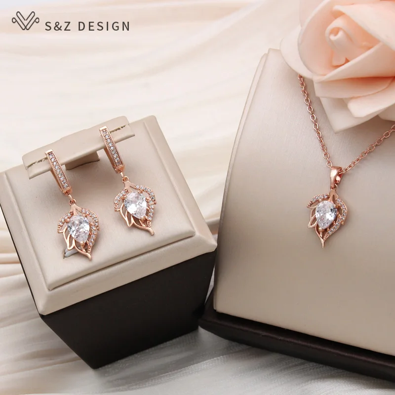 S&Z DESIGN New Fashion Hollow Out Leaf Pendant Necklace For Women Trendy 585 Rose Gold Color Cubic Zirconia Jewelry Gift