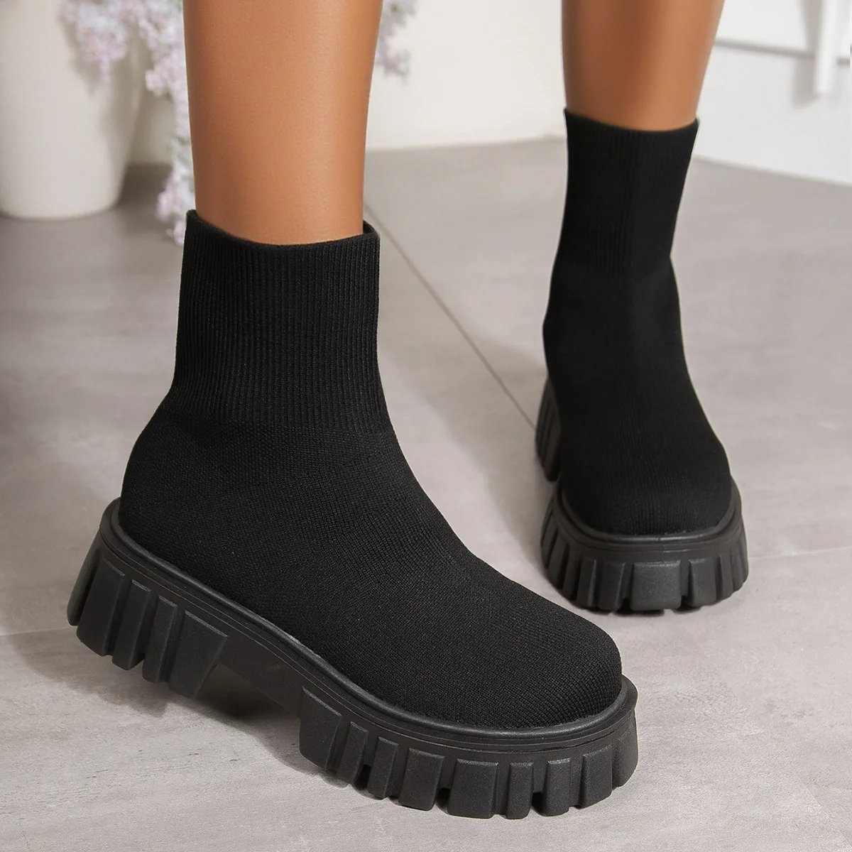 Knit Breathable Ankle Boots Autumn 2025 New Round Toe Sleeve Platform Non-Slip Wear-Resistant Block Heel Booties