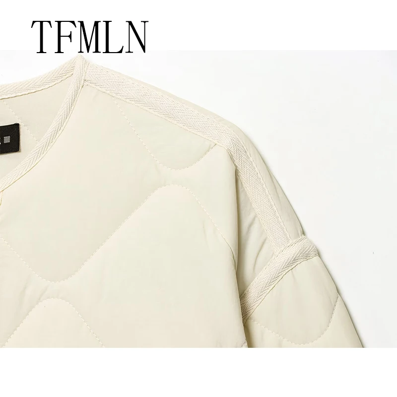 TFMLN Women's Autumn Cotton Jacket 2025 New Arrival Vintage O-Neck Large Pocket Decorative Quilted Coat for Women