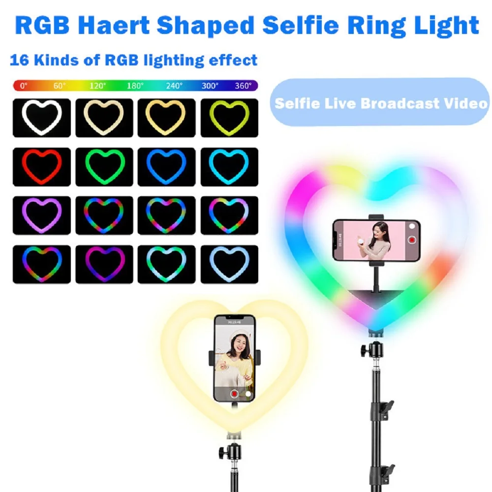 

Selens 10 inch/16cm Heart-shaped Selfie Ring Light RGB Tripod Phone Stand Light Fill Light Led Color Lamp For Studio Live Stream