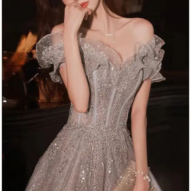 Elegant Evening Dresses Strapless A-Line Off The Shoulder Sequin Beaded Bandage Shiny Slim Backless Floor-Length Celebrity Gowns