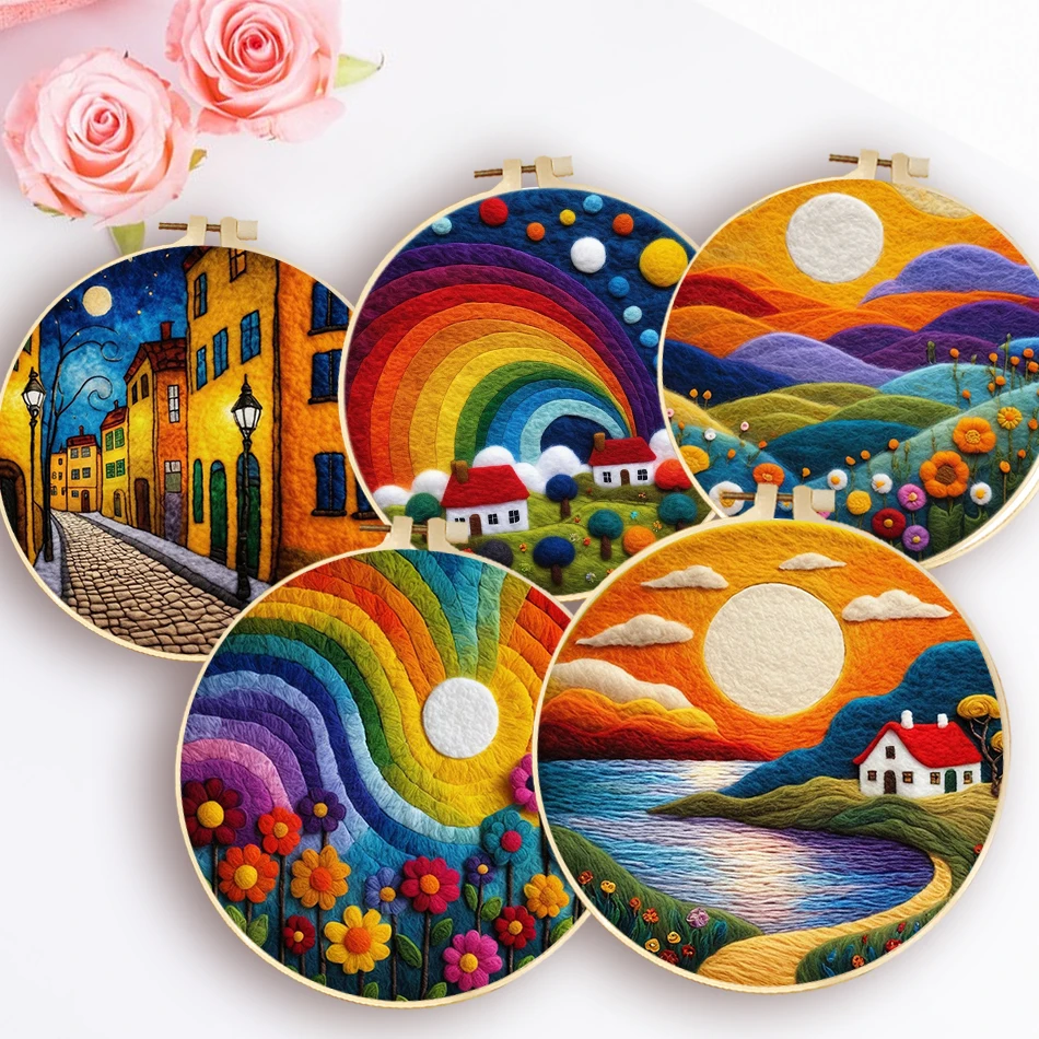 Creative Wool Felting Painting Colorful City Scenery Picture Starter Kit Needle Felting Kit Wool Painting Crafts Gift wool felting kit needle felt kit