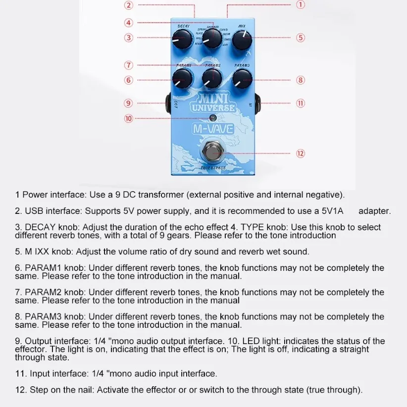 Mini Universe Digital Reverb Pedal 9 Reverb Digital Effects Room/Shimmer/Lofi/Spring Reveb Effect Pedals Guitar Pedal