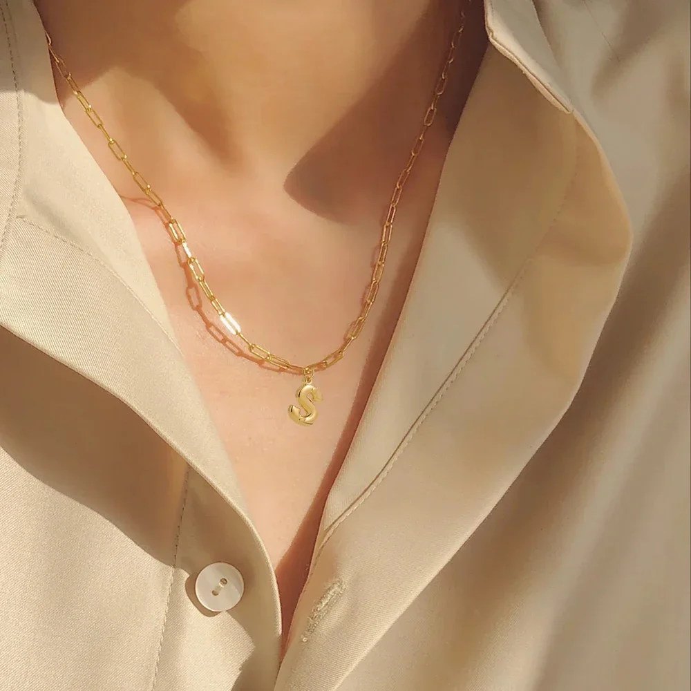 Stainless Steel Gold Plated Initial Letter Necklace Women Retro Waterproof A-Z Bubble Alphabet Choker Lightweight Jewelry Gifts