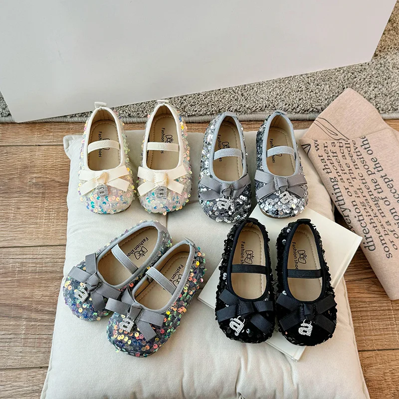 Girl Shoes Sequins Bow Ties Exude Pirncess Shoe Kid Shoe for Girls Baby Girl Shoe Leather Shoes for Girl Zapatos Niña Туфли 2024 2