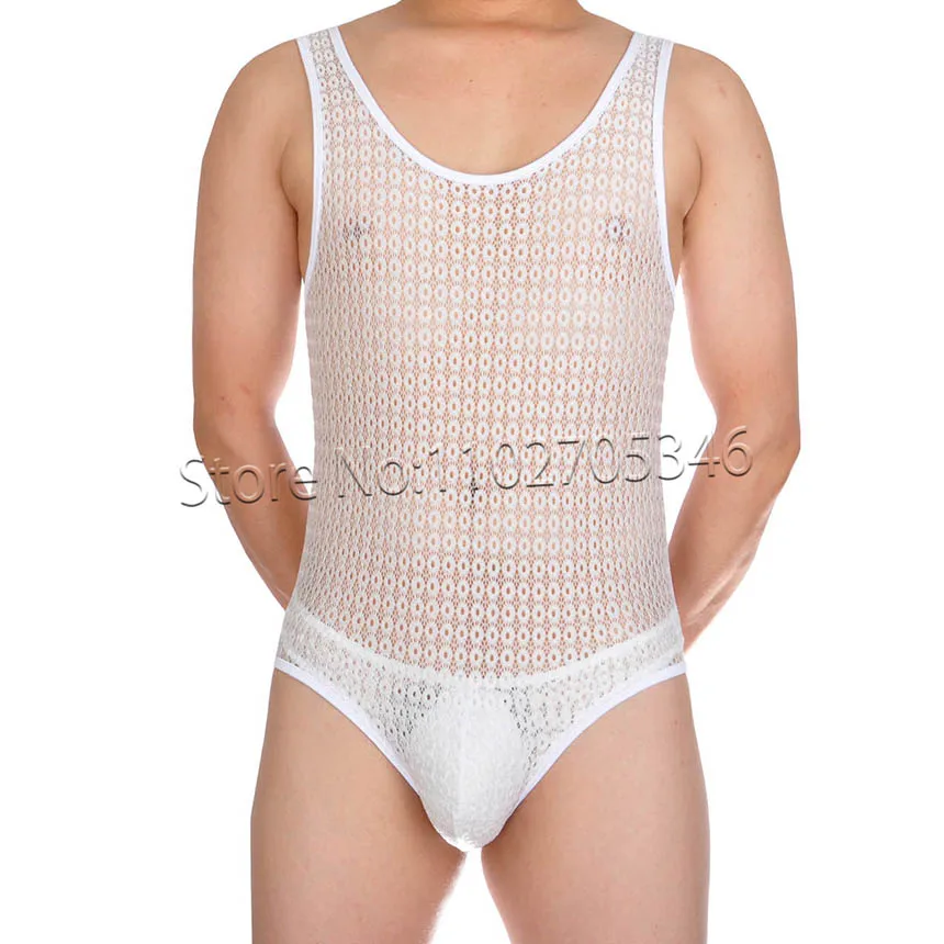 Men's Lace Mesh Spandex Bodysuit Sexy Sleeveless Transparent Lingerie Penis Pouch Briefs See-Through Corset Body Shapers