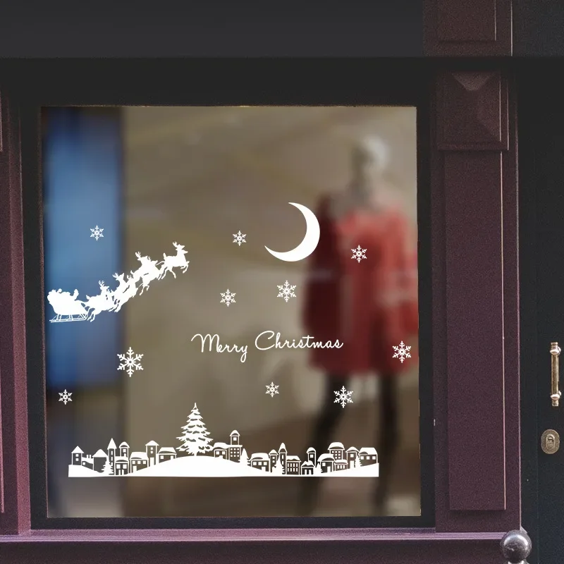 Christmas Elk Snowman Window Stickers Merry Static Mirror Decorations
