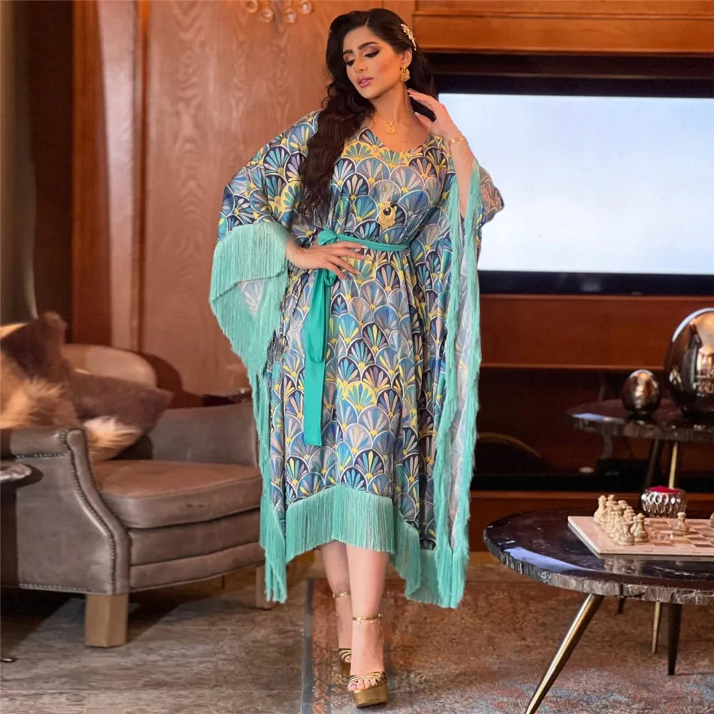 

Vintage Ethnic Women Long Dress Printed Belted Arabic Abaya Islam Clothing Muslim Batwing Sleeve Tassel Caftan Moroccan Jalabiya