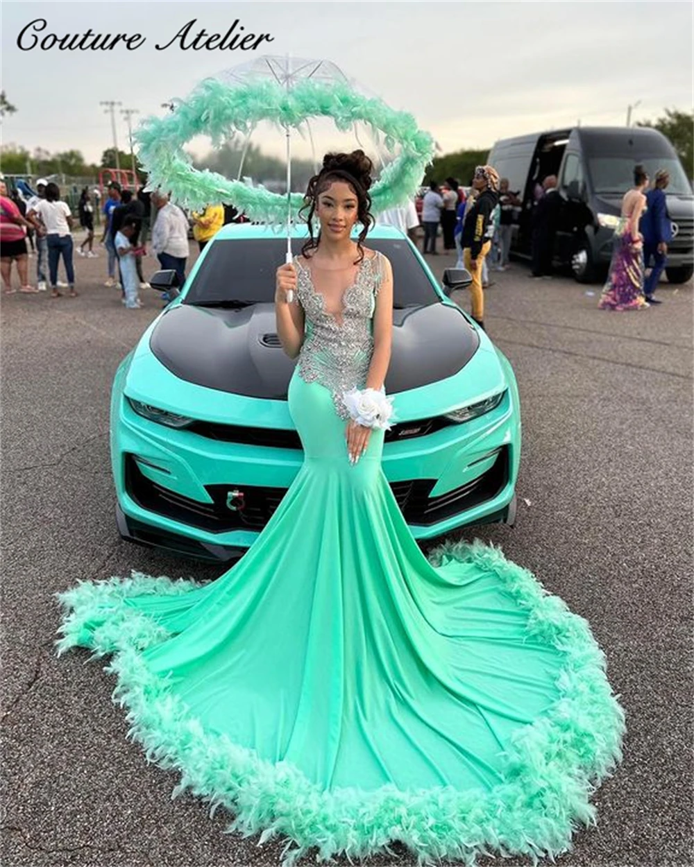 

Mint Green Feathers Sliver Crystal Beading Prom Dresses 2023 Luxury Gowns Mermaid Dress For Party Wedding Evening O Neck Formal