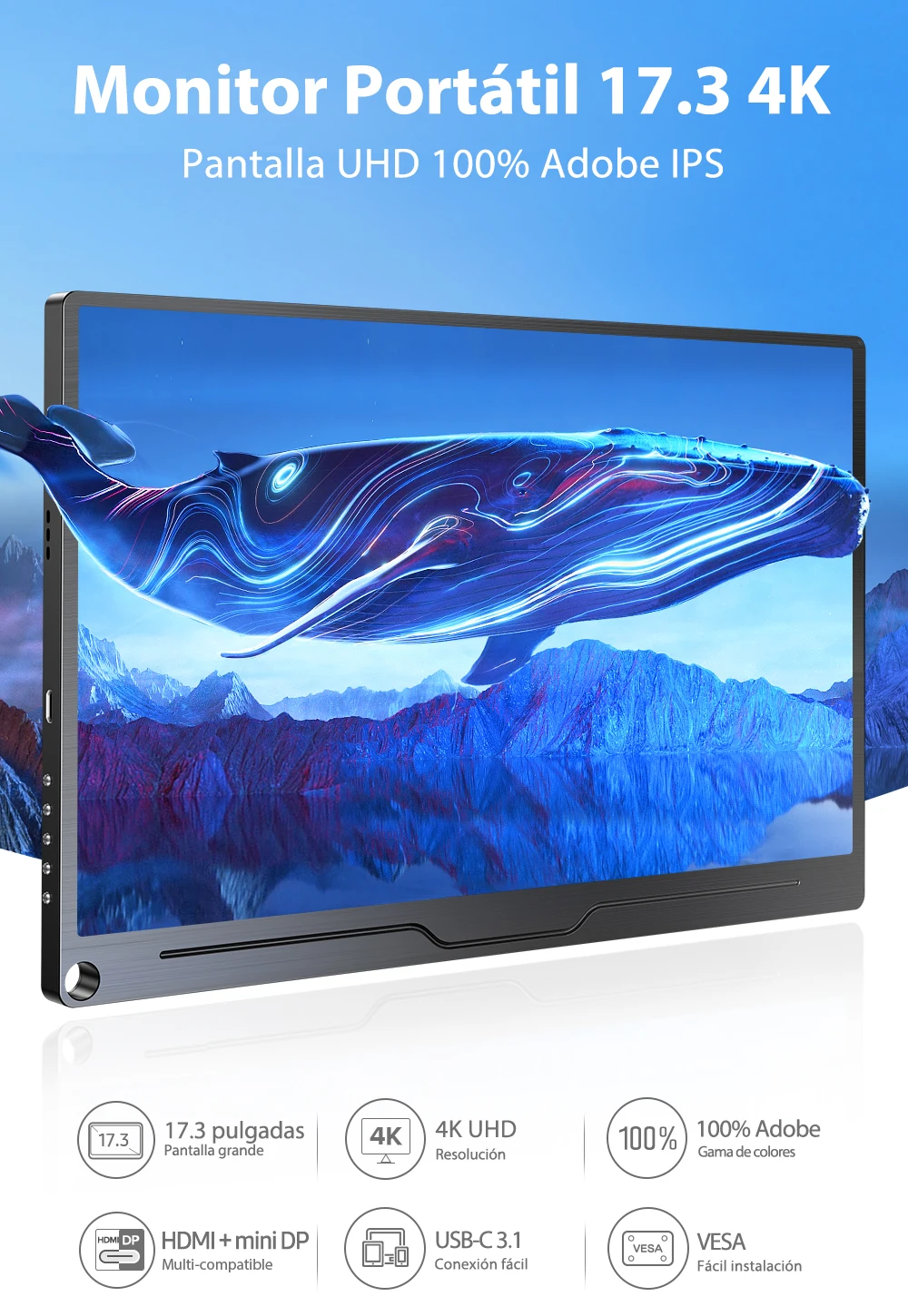 Monitor portátil 4K 15.6 pulgadas, 100% RGB Ultra HD 3840x2160 USB C HDMI  segundo monitor externo para portátil, MacBook, PS5, PS4, Xbox, Switch