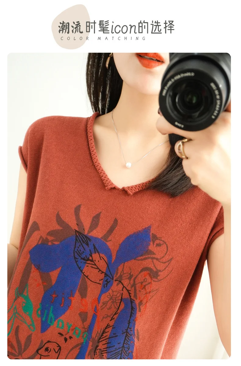 Primavera e Verão Algodão de Manga Curta de Malha Feminina com Decote em v Camisa de Fundo Camisola Pulôver Impresso Topo 2022 100% 6 Home & Garden