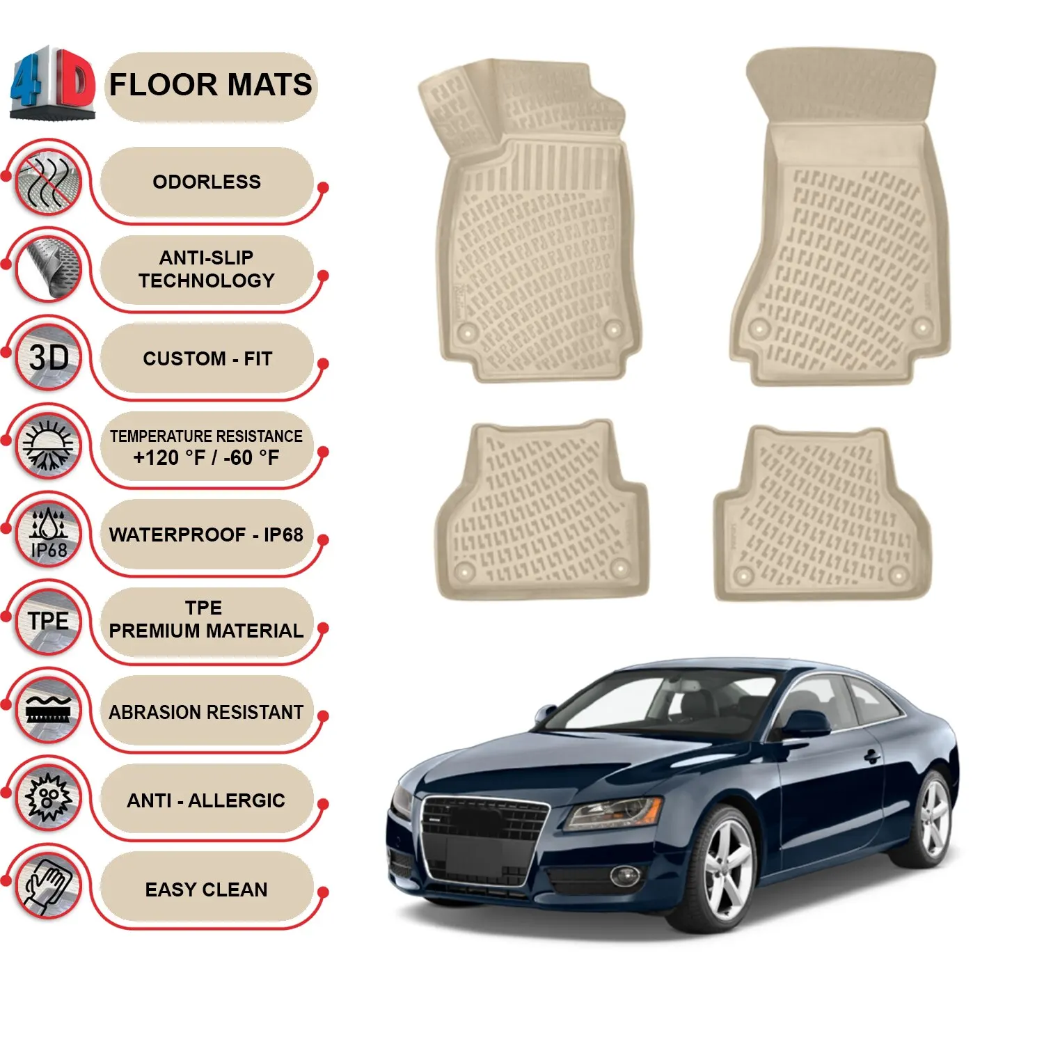 

Audi A5 2005-2016 Floor Mats Liner Waterproof 4D Molded Beige 4X