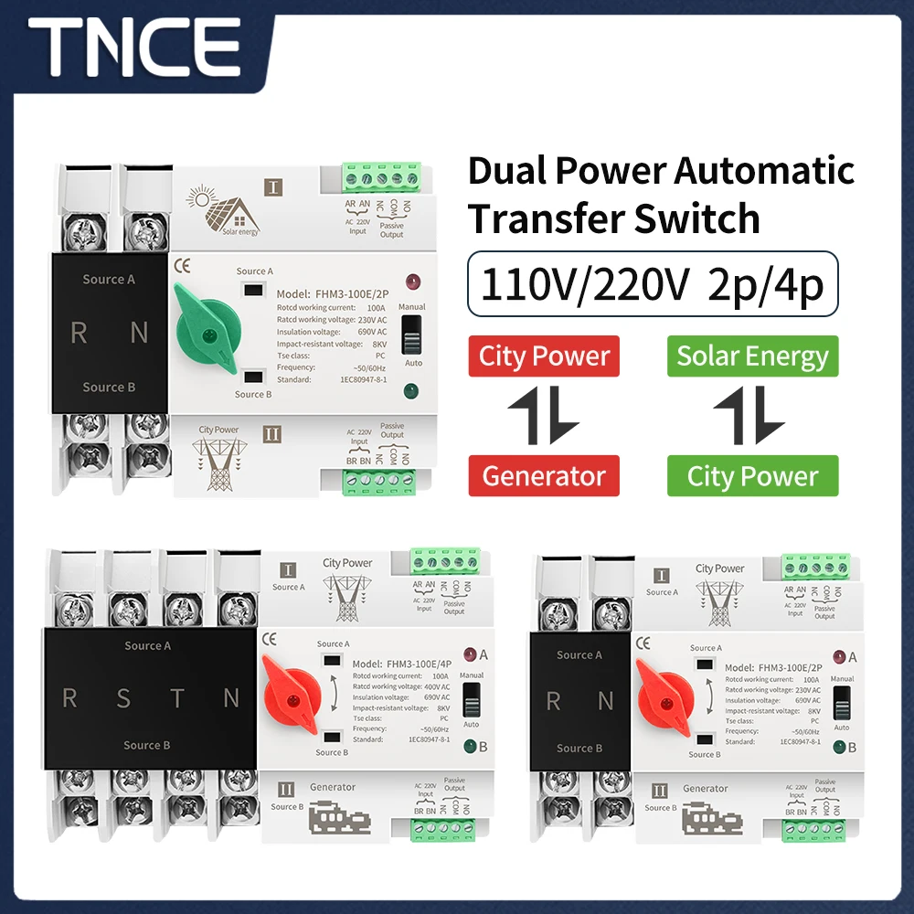 TNCE Automatic Transfer Switch DIN Rail, 2P 4P ATS dual power electrical selector switches 110 230V uninterrupted power