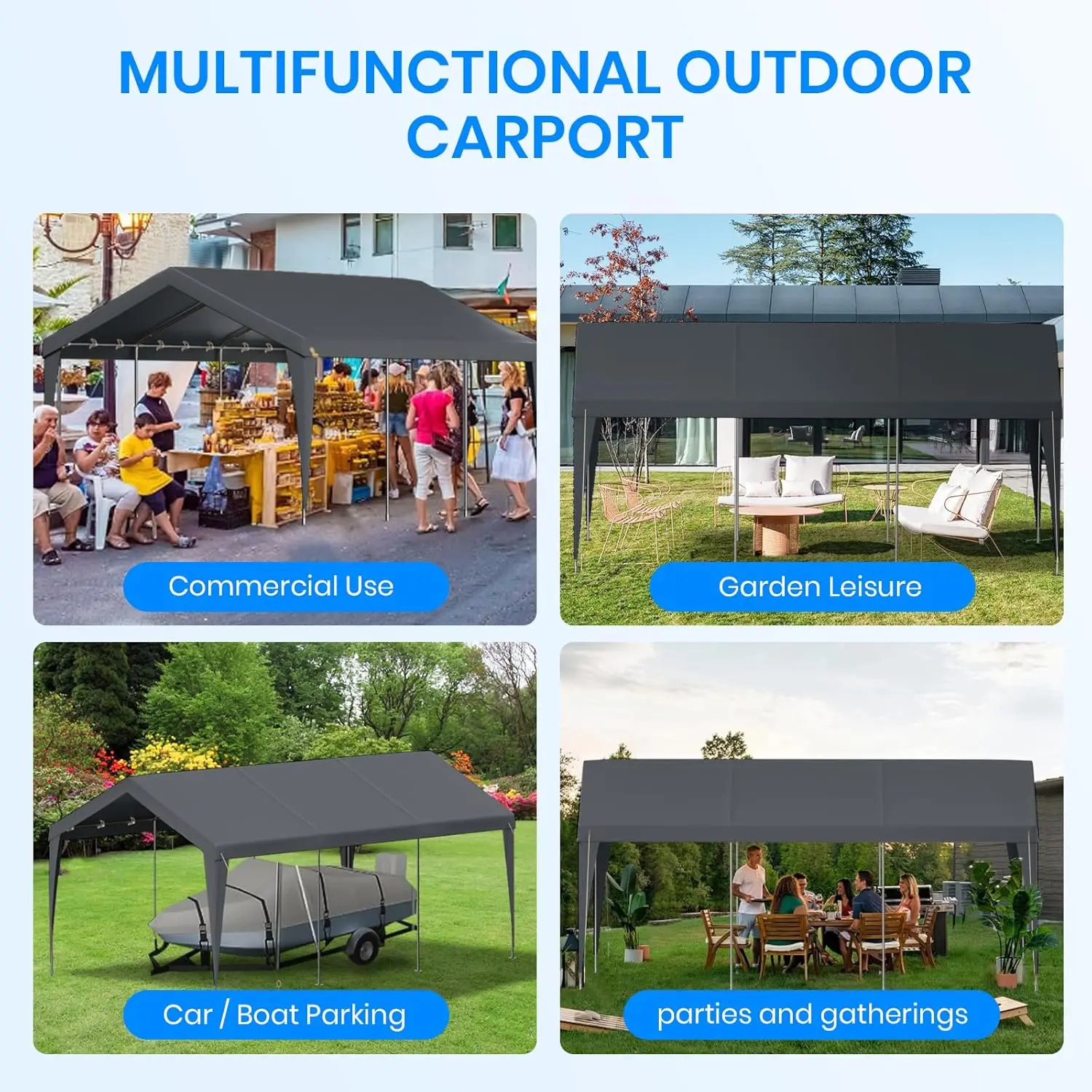 10x20 FT Heavy Duty Carport, Outdoor Portable Car Canopy Garage, Galvanized Steel Frame, UV-Resistant Waterproof PE Tarp Shelter