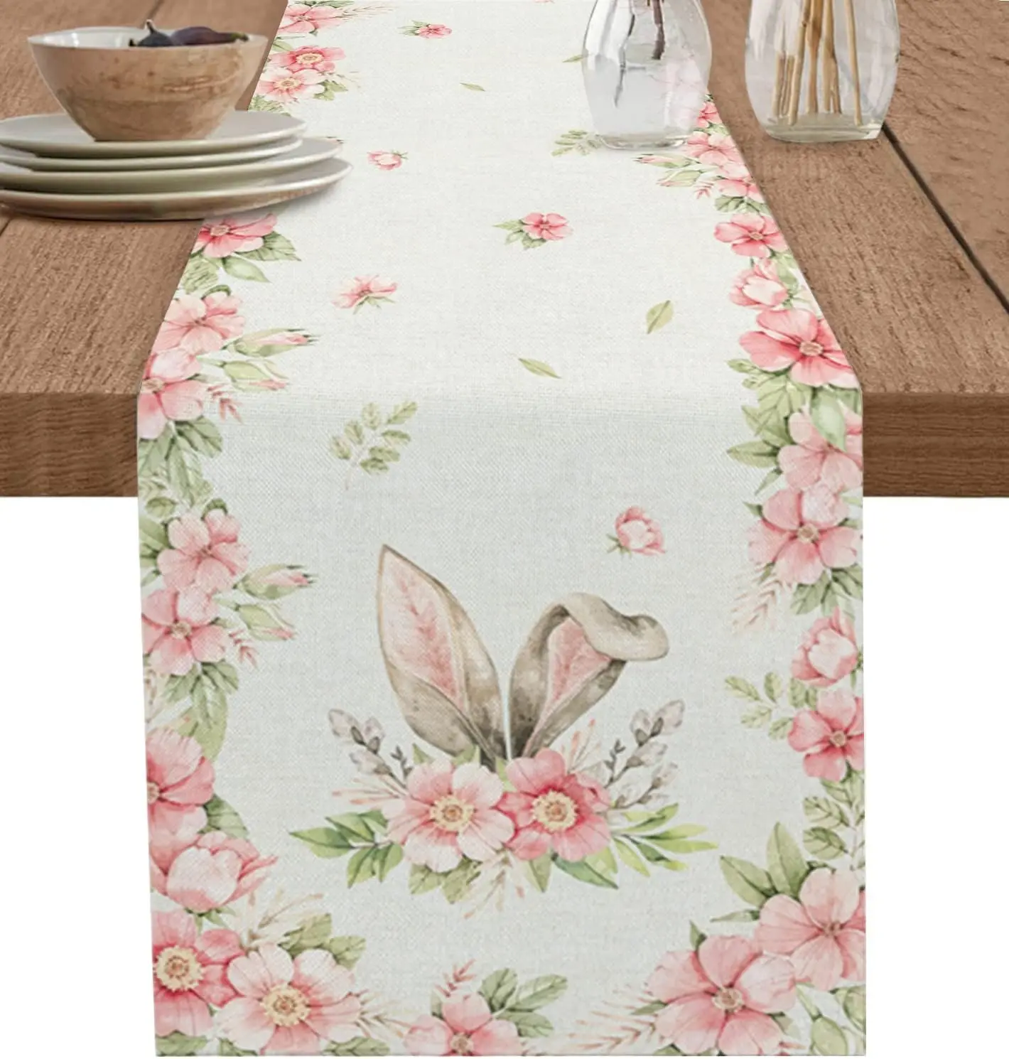 

Easter Bunny Ears Pink Flowers Linen Table Runners Dresser Scarves Table Decor Farmhouse Dining Table Runner Holiday Party Decor