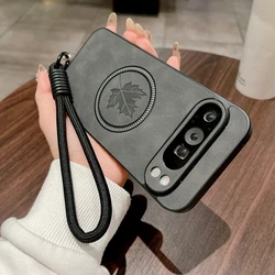 Luxury Maple Leaves Magnetic Leather Wrist Strap Case - Pixel 7A (DarkGray GS)