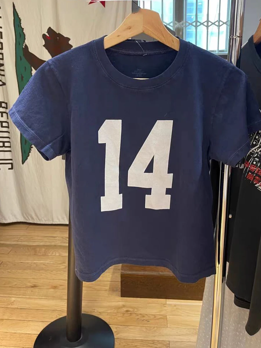 American Vintage 14 Print Navy T-shirts Summer Round Neck Short Sleeve Cotton Cropped Tees Streetwear Casual Basic Pullovers Top 5