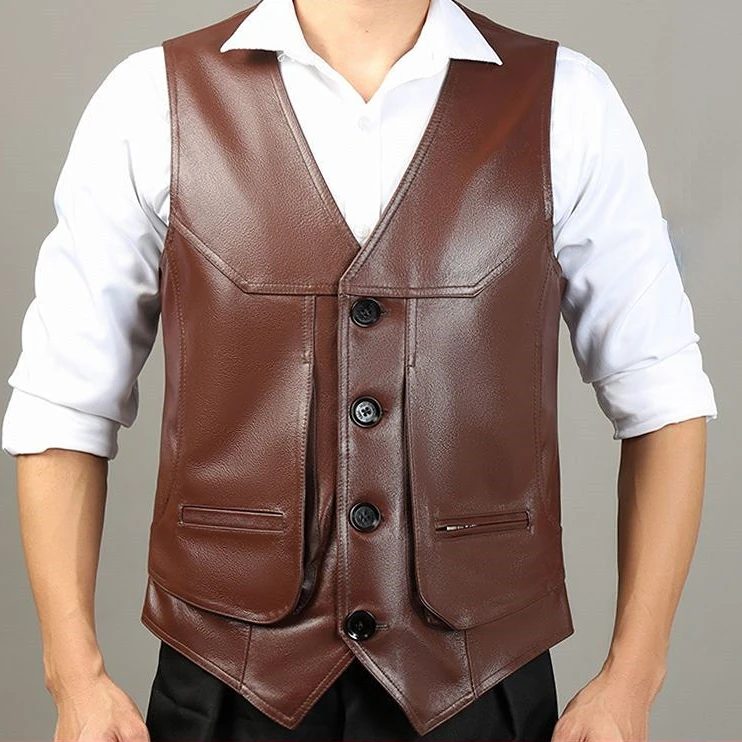 

2023 Men's Autumn Winter New Multi-pocket PU Leather Vest Male Solid Color Warm Waistcoat Men Faux Leather Sleeveless Coats U159