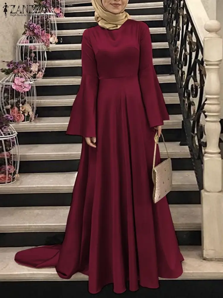ZANZEA Spring Muslim Women Dress Flare Sleeve O-Neck Solid Abaya Kaftan Sundress Femme Fashion Casual Dubai Abaya Robe 2023