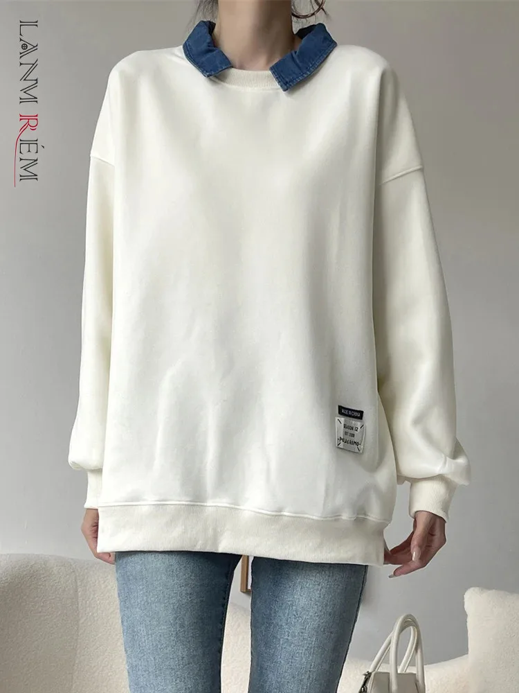 

[LANMREM] Solid Simplicity Pullover Sweatshirt For Women Lapel Long Sleeve Casual Loose Female Tops Fashion 2024 Spring New