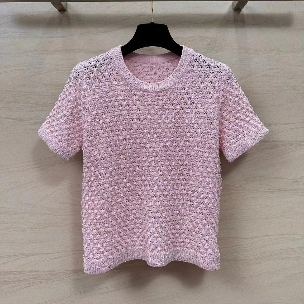 

Spring and summer new heavy craft full Star crystal beads special yarn crochet short-sleeved top shining temperament luxury all