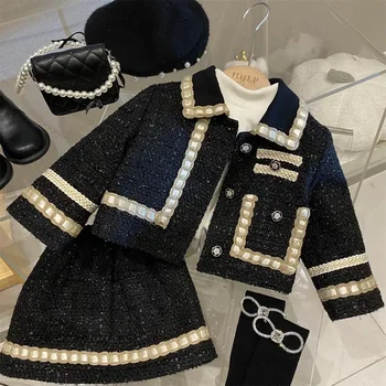 여아용 코튼 패딩 재킷 코트 및 스커트, 클래식 의상, 2 피스 트위드 세트, 1-10 세 아동용 겨울 옷
